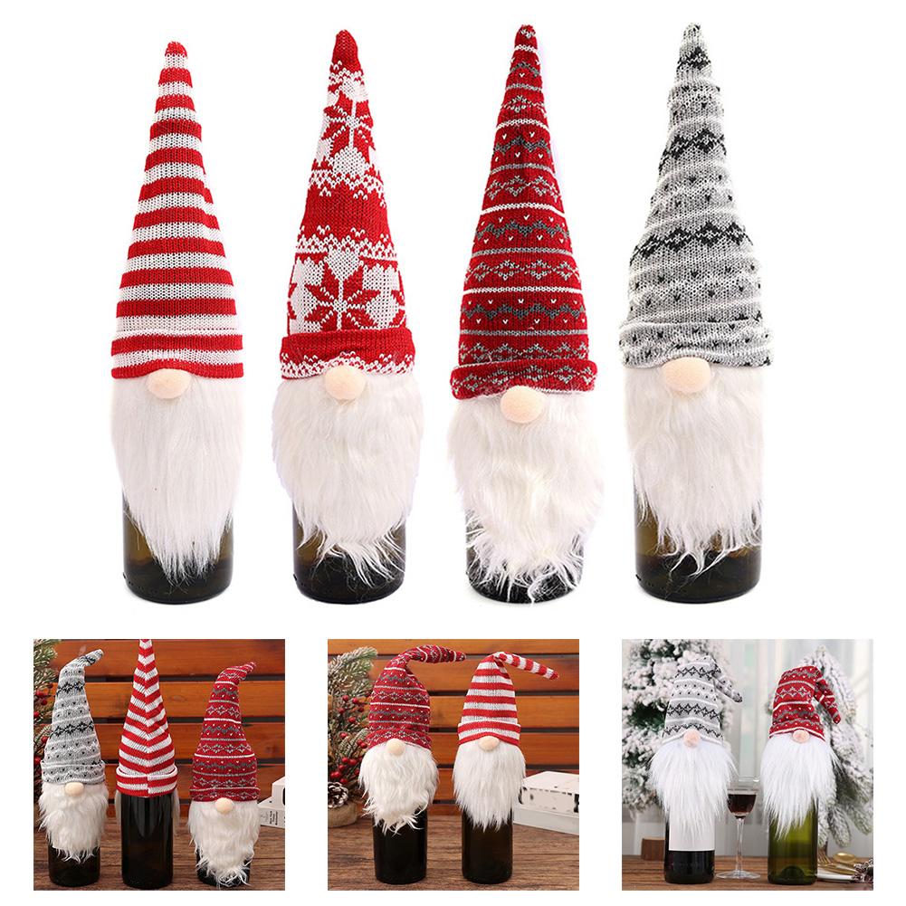 Four Wine Bottle Covers with Whimsical Gnome Design for Holiday Tables Suitable for Christmas New Year and Festive Events