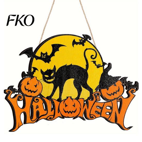 Retro Moon Wall Ornament Halloween Wood Door Hanger Sign, Pumpkin And Black Cat Printed, with Hemp Decorative Entryway Hanging Board Rope
