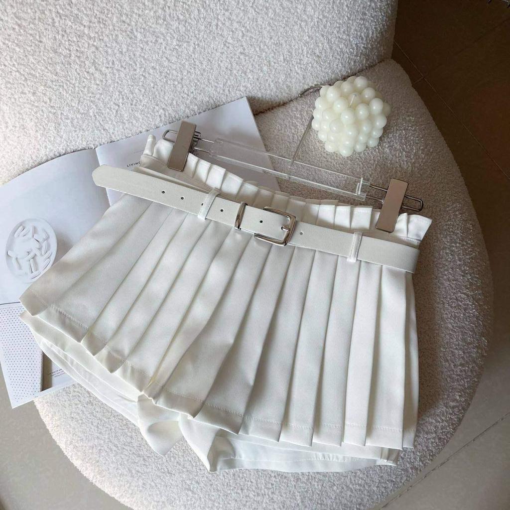 Mini-Faltenrock mit hohem Bund - Weiß, A-Linie, Anti-Exposure, Schlankmachend, College-Stil