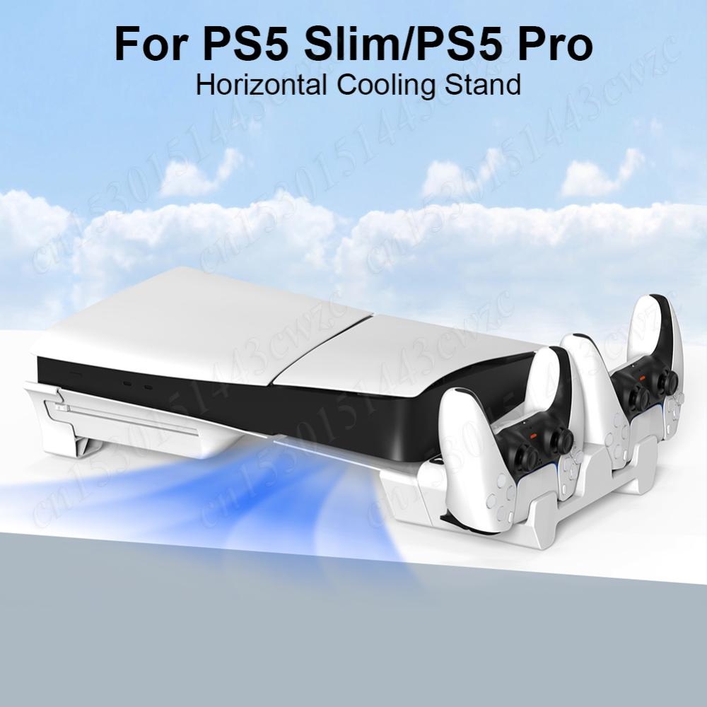 Charging Station for PS5 Slim/PS5 Pro Console Horizontal Stand Controller Charger for Playstation 5 Slim Disc & Digital Editions