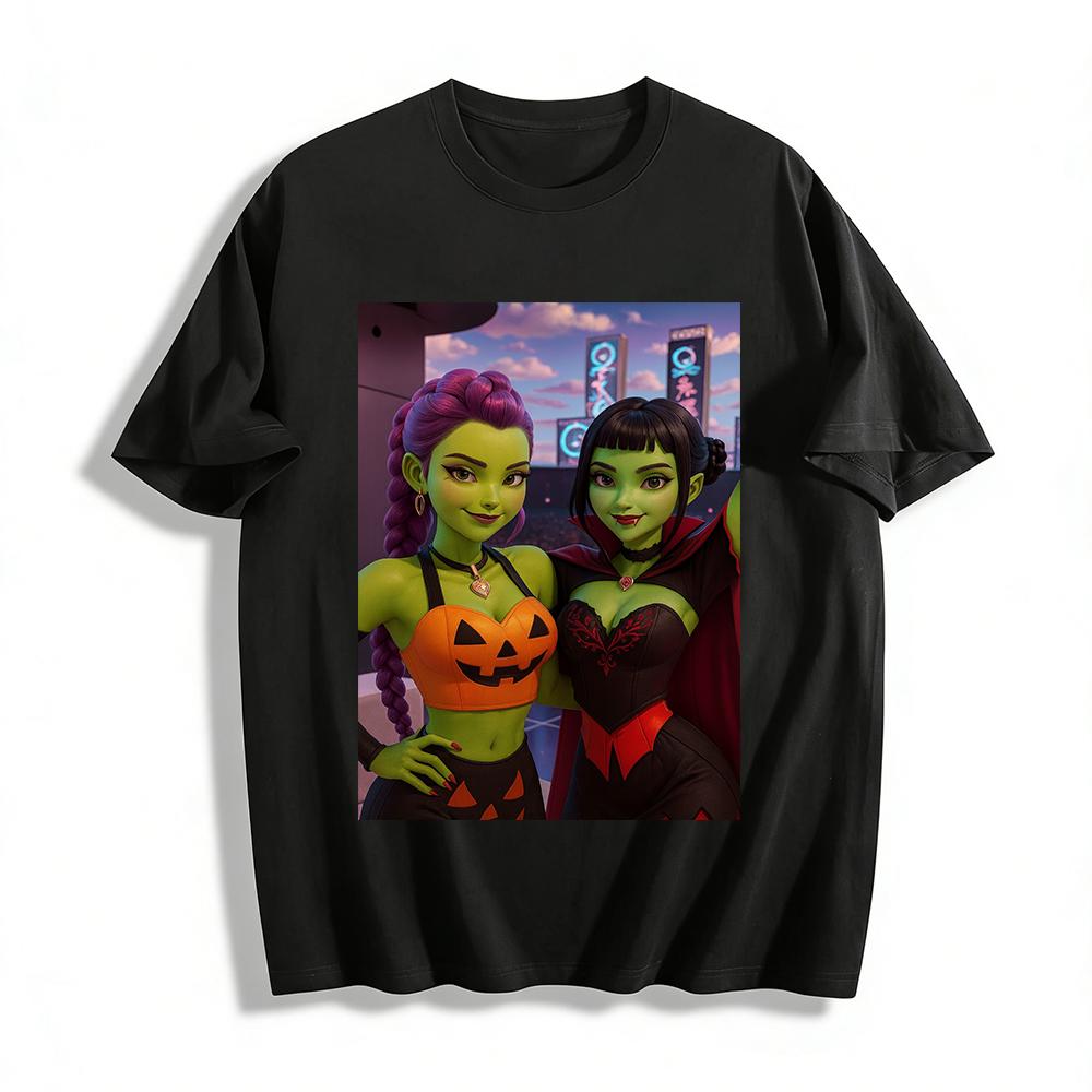 

Halloween Green-skinned Cartoon Girl Print Top Fun Pumpkin Vampire Element Festival Casual Short-sleeve T-shirt Pure cotton T-shirt XXS