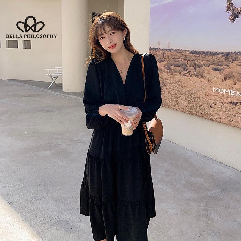 Francouzské jednobarevné dámské ležérní dlouhé společenské šaty s dlouhým rukávem a výstřihem do V