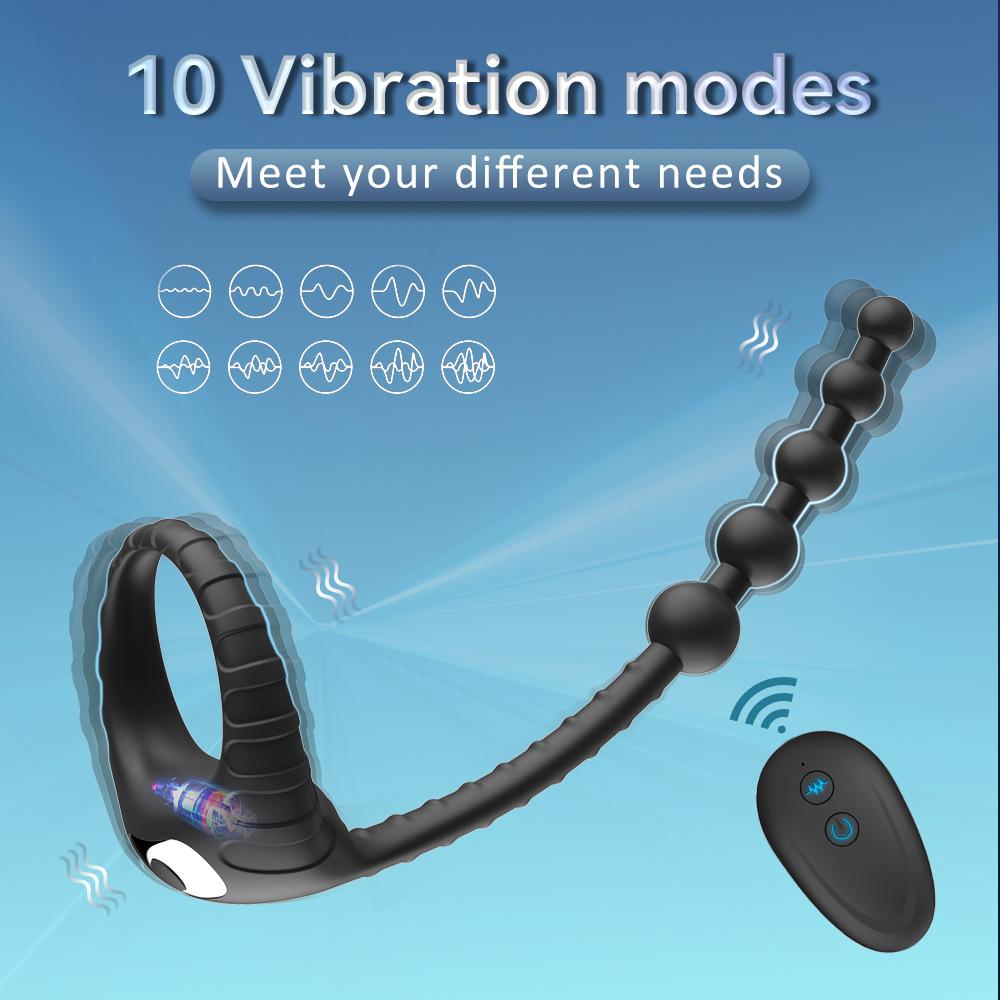 10-Speed Vibrating Wireless Remote Control Anal Beads Prostate Massager with Cock Ring, Silicone Male Adult Sex Toy, USB Magnetic Charging, Black