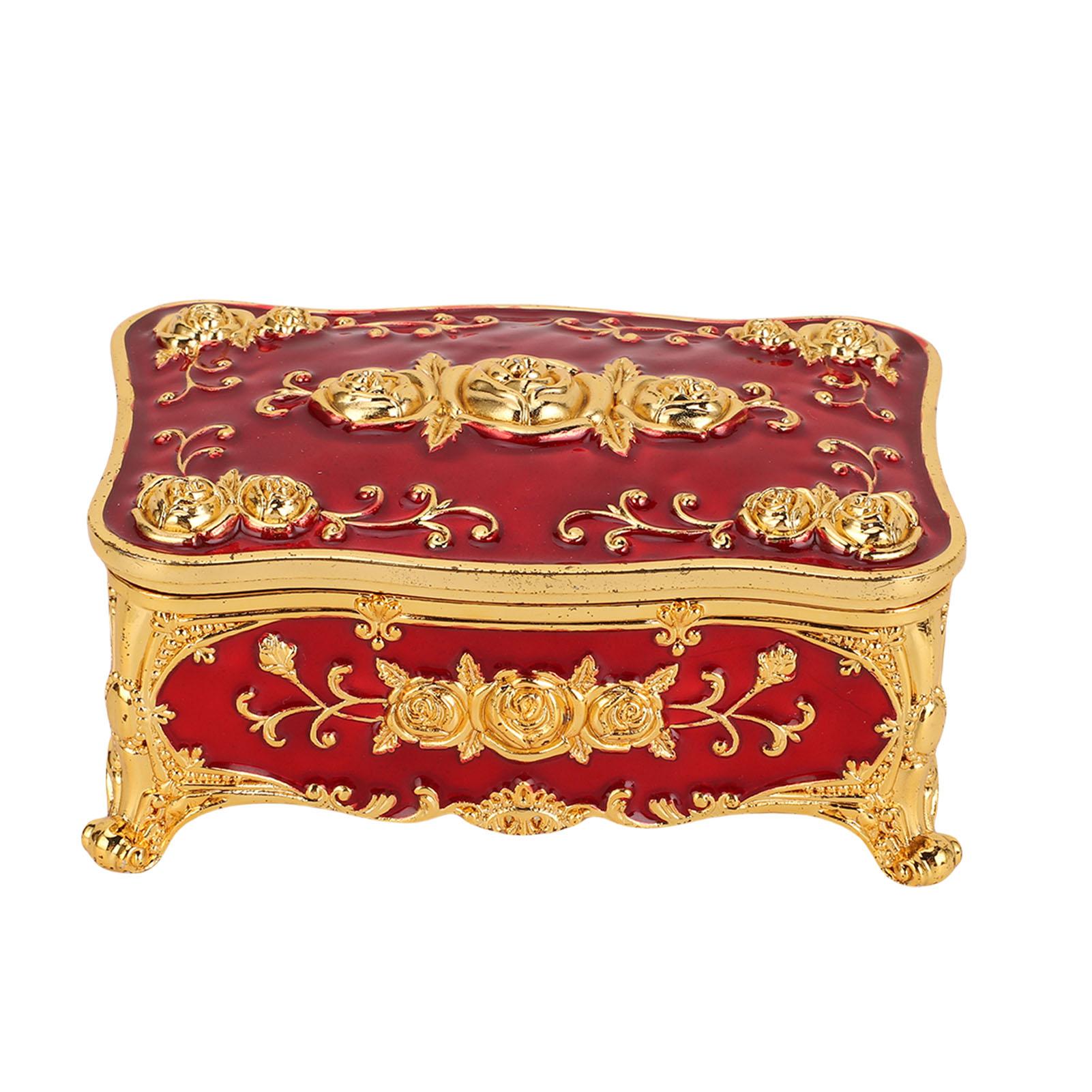 Health & Beauty Product Women's Gold/Red Vintage Jewelry Organizer Box Rose Decor Velvet Lining Rectangular Metal Trinket Storage Box For Rings Earrings