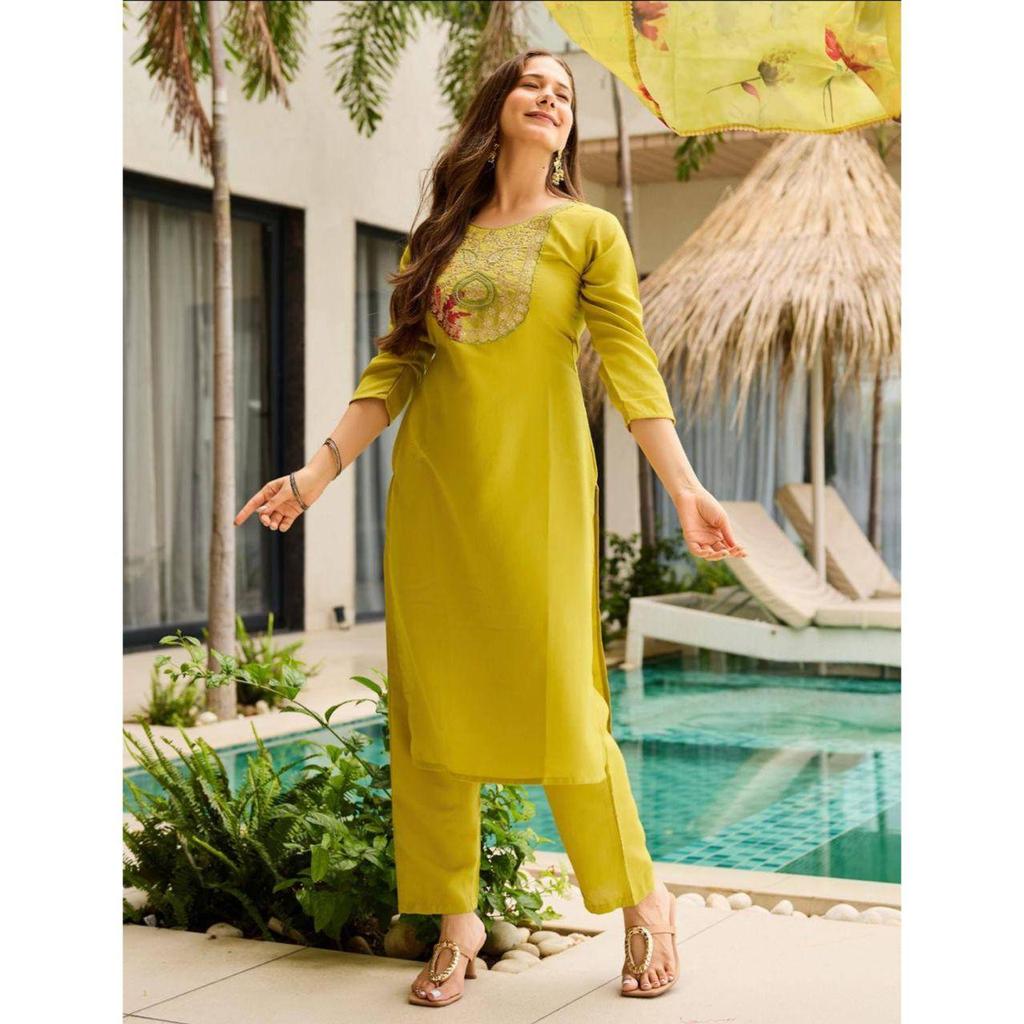 Women's Rayon Embroidered Straight Kurta with Pant And Dupatta Sets