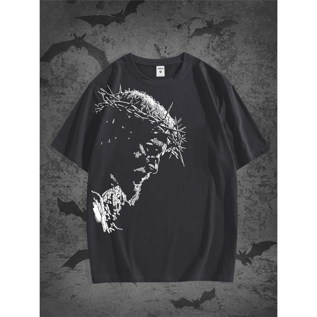 Vintage Jesus Head Print T-Shirt - Distressed Religious Icon Suitable for Church, Study & Casual Wear - Solid Color Round Neck Summer 