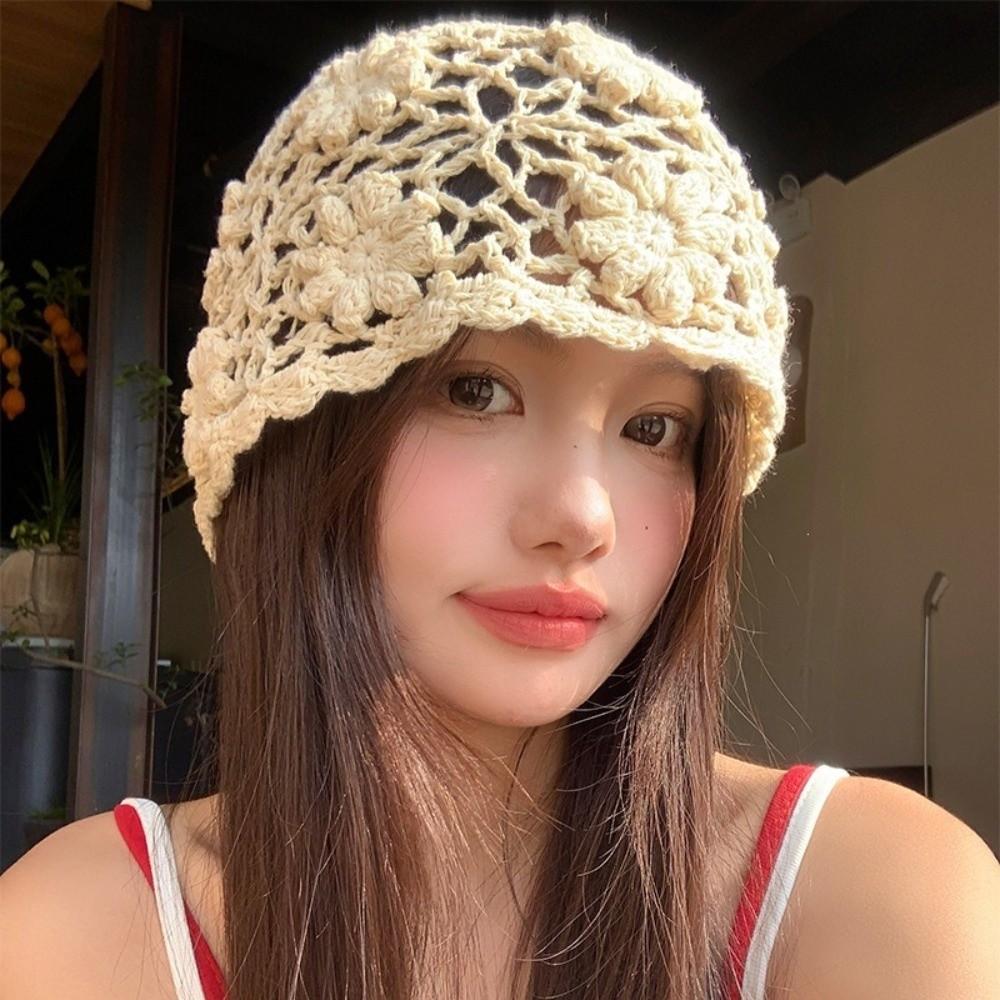 3D Flower Candy Knitted Hat Hand Hook Crochet Beanie Cap Sweet Women Bald Hat