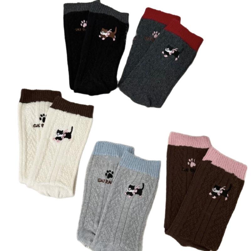 Herbst- und Winter-Colorblocking-Absatzschuhe mit Katzen- und Hundepfoten-AB-Stickerei, Wadenhohe Socken, Damen-Dickstrick-Frottee-Langsocken