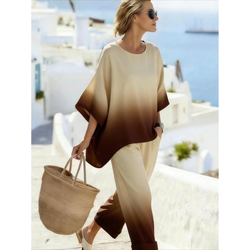 One wholesale, European and American style suit, summer loose round neck bat sleeve top, casual wide-leg pants two-piece set