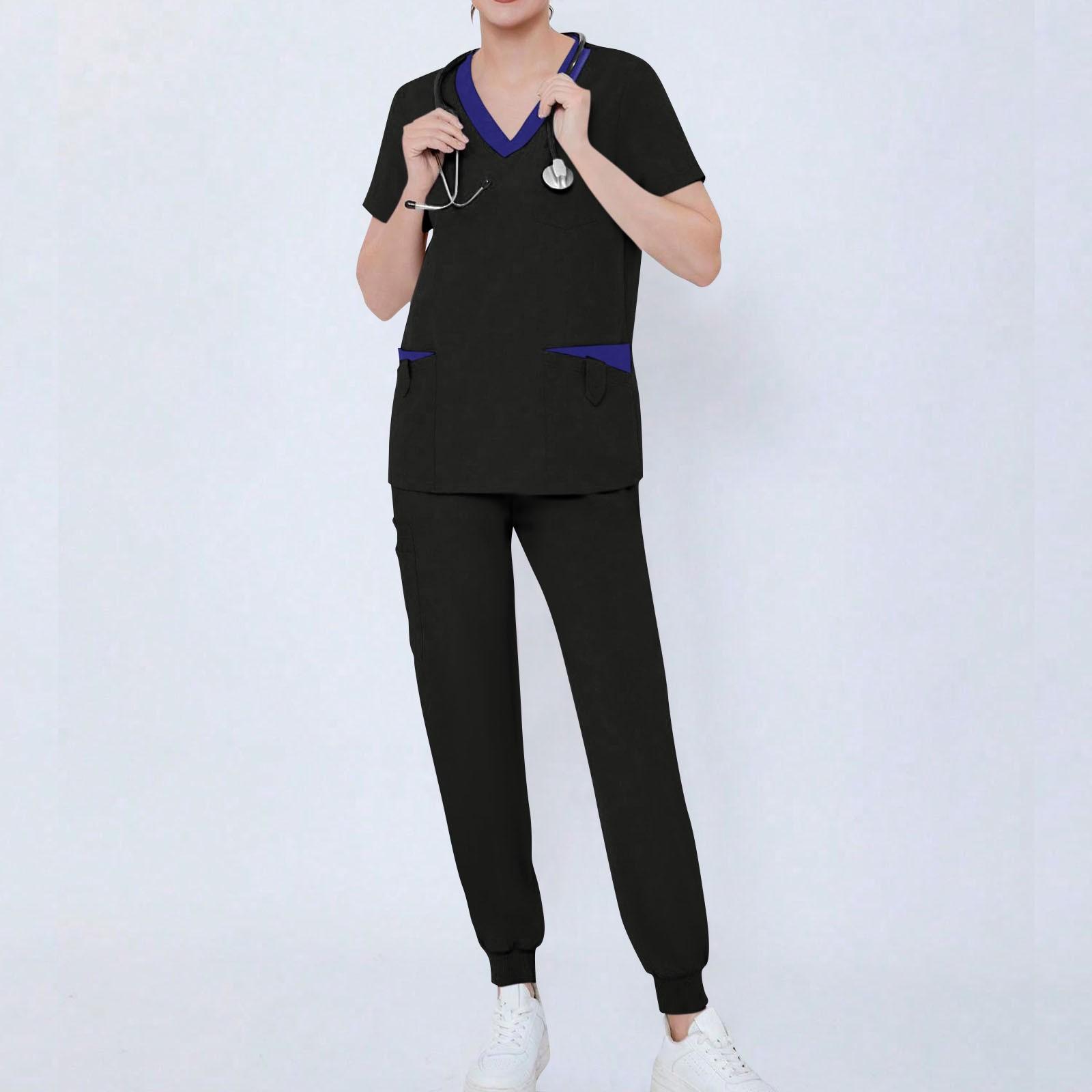 

Женский комплект из двух предметов, однотонный топ с короткими рукавами и карманами, рабочая одежда, комплект из двух предметов L чёрный