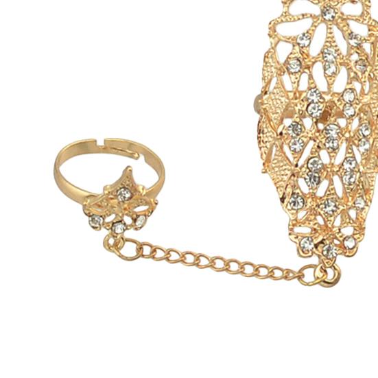 Offener Ring mit Strasssteinen, Legierung, goldfarben, hohles Blatt, Doppel-Finger-Kettenring für Dates