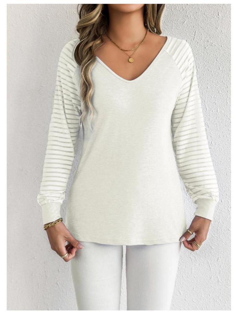 Spring & Autumn Casual Striped V-Neck Long-Sleeve Top for Women - Loose Fit, Large Sizes