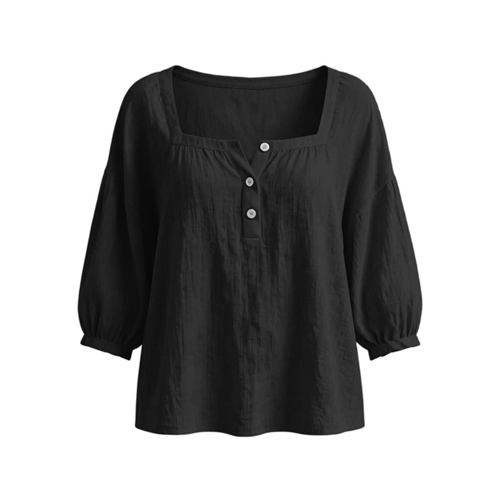 Womens Square Neck Long Sleeve Button Front Loose Fit Blouse Casual Lightweight Pullover Top for Daily Wear