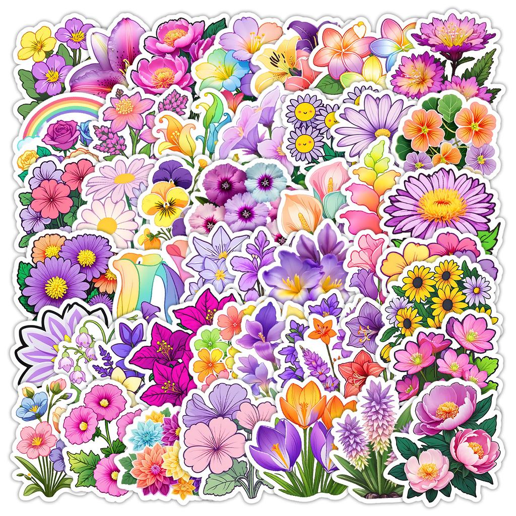 50 Cute Flowers Doodle Stickers Water Cup Mobile Phone Waterproof Decorative Stickers Creative Flowers Hand Account Stickers