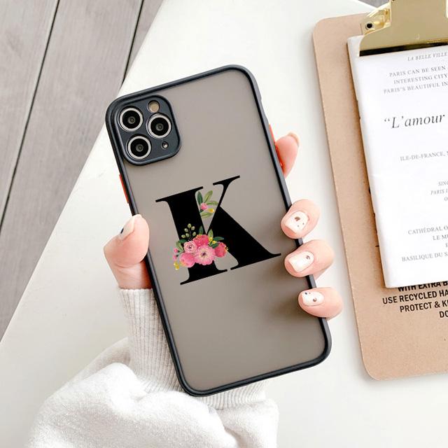 Black Letter Flower Matte Phone Case For iPhone 15 12 14 Pro Max Cases For iPhone 11 13 pro Back Cover fashion Shell Coque