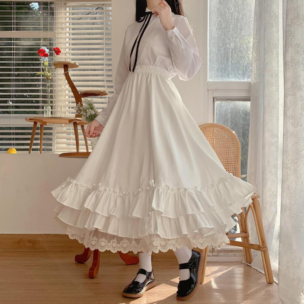 Girls Fluffy Lolita Flared High Waist Lace Large Size Elastic School Skirt Cosplay Classical Princess School Style Everyday Wear Plain [KANO SEIKA]