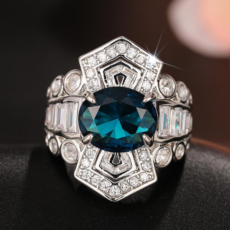Exaggerated Court Style Ocean Imitation Sapphire, Geometric Oval High-end Ring Female Xiaohongshu Wealth Ring