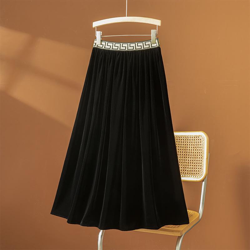 Women s Black Velvet Silk A-Line Skirt - High-Waisted, Elastic, Elegant, Mulberry Silk L чёрный