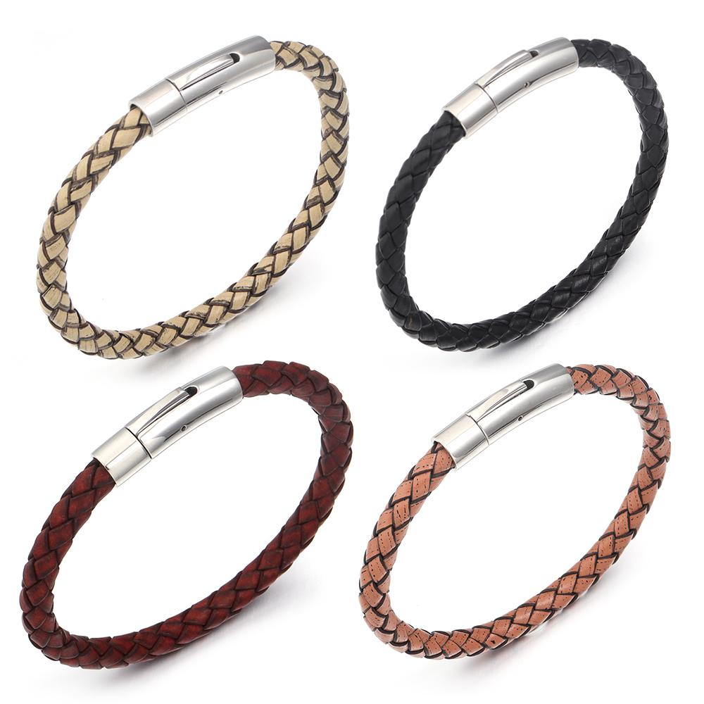 1pc 19/20/21/22cm Leather Cord Bracelet Vintage Stainless Steel Buckle Braided Rope Bracelet For DIY Fashion Crafts Jewelry Gift