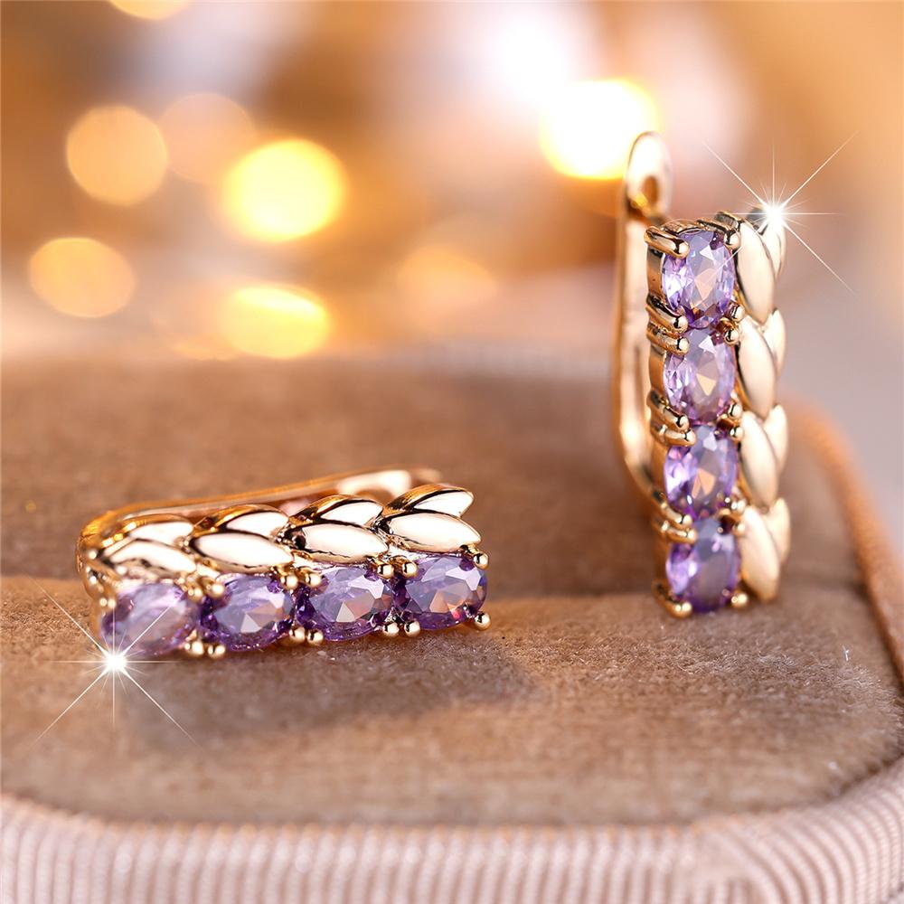 Charm Female Purple Crystal Zircon Stone Wheat Hoop Earrings Gold Color Simple Wedding Jewelry For Women