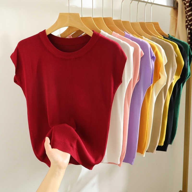 Summer Round Neck Knitted Casual Women's T-shirt Elegant Loose Ice Silk Thin Fit Solid Color Short Sleeve Tee Tops Ladies Simple Fashion T Shirt 3097