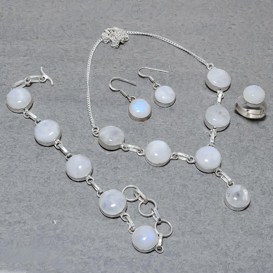Rainbow Moonstone Round Gemstone Jewelry Set Gift Necklace Bracelet Ring Earring