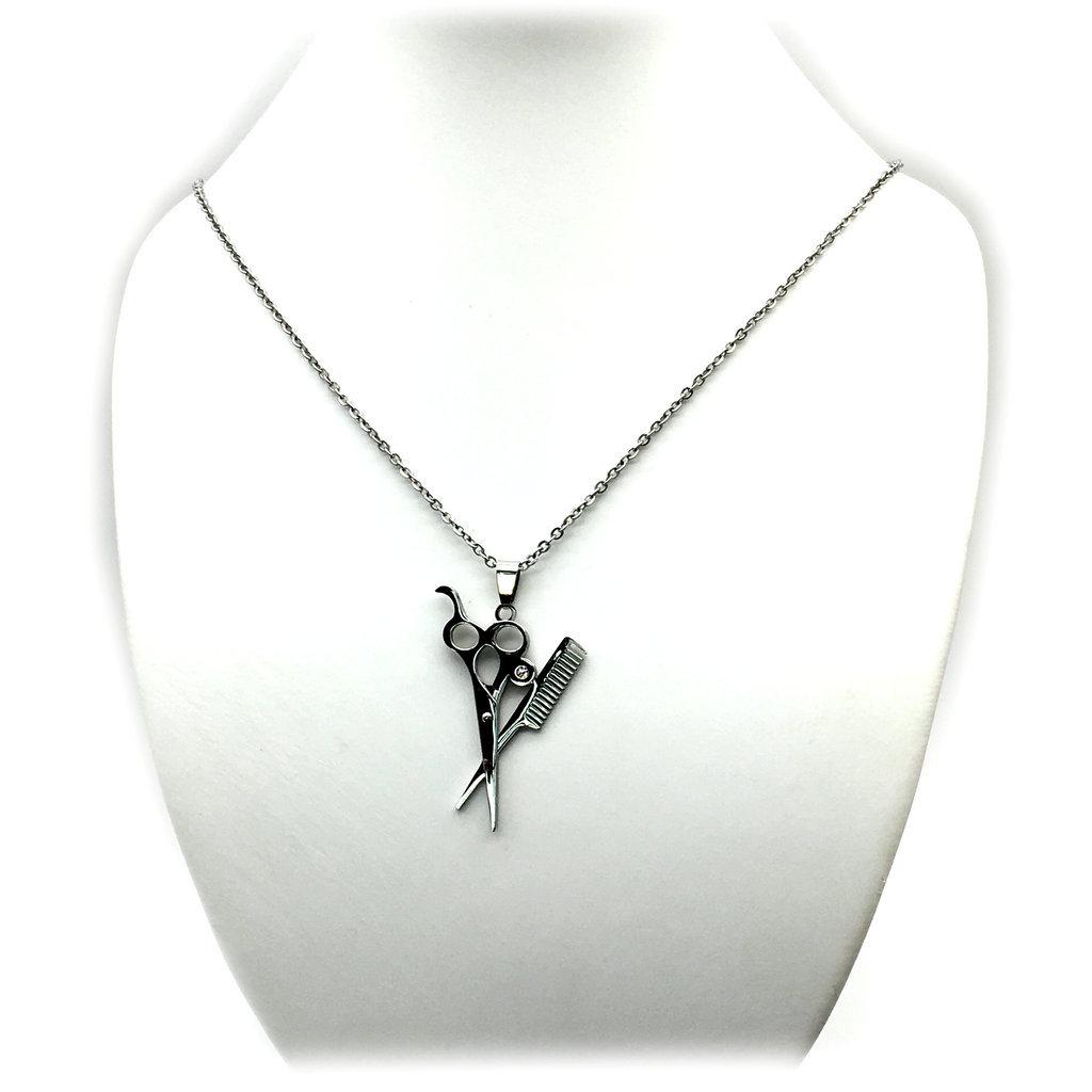 Stainless Steel Hairdresser Scissors Comb Necklace Pendant - DG-022