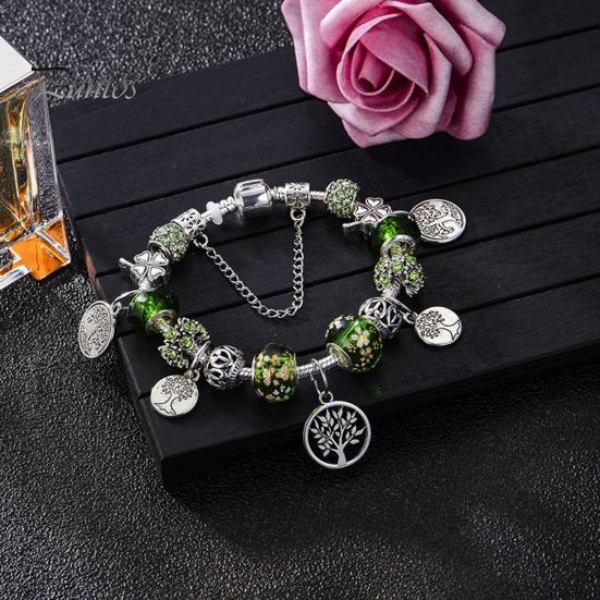 Glücksarmband, glasierter Lebensbaum, grüner Kunstkristall, Vintage, DIY, mehrere Charms, ethnischer Stil, pastoraler Armreif für Shopping, Arbeit, Party, Dating