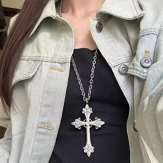 Korean Designer Silver Large Engraved Cross Pendant Necklace