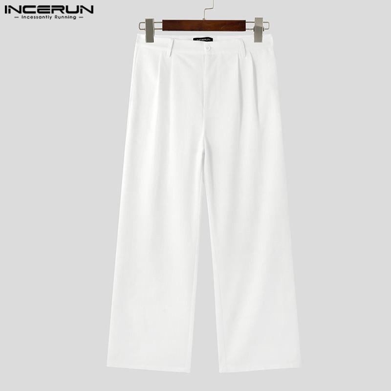 INCERUN Men Spring Zipper Up High Waist Texture Trousers Casual Button Straight Pants