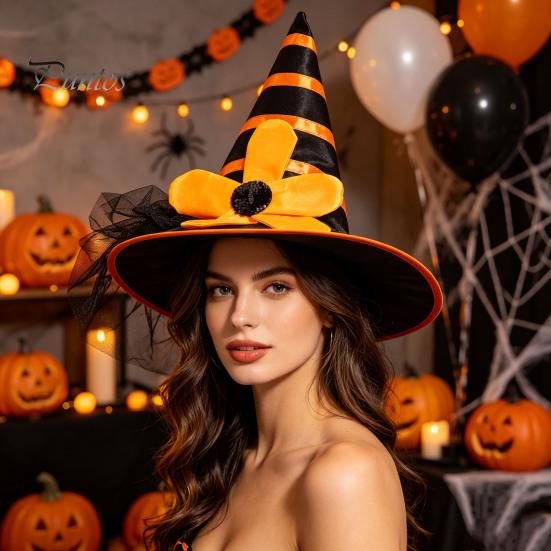 Halloween Costume Hat Witch for Women Girls, Large Striped Wizard Holiday Themed Party Accessories with Flower Accessories, Cosplay, Parent