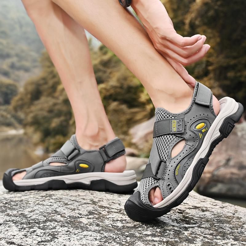 Sandals Men's Tide Summer New Style Leather Toe Cap Outdoor Leisure Sports Hollow Sandals Beach Shoes Handmade Mesh Men Shoes 46