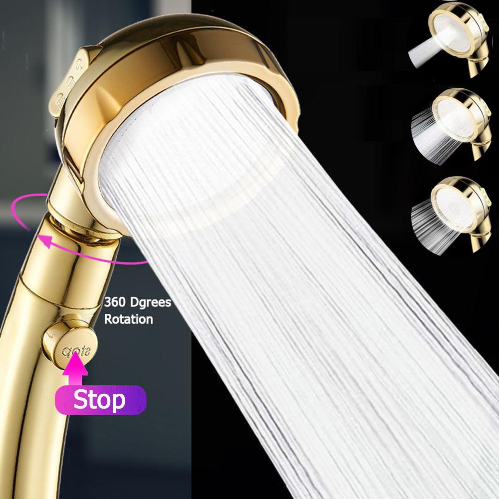 Gold High Pressure 3 Modes Adjustable Shower Head One Key Stop Water Saving Sprayer Rainfall Bath Showerhead Bathroom Accessorie