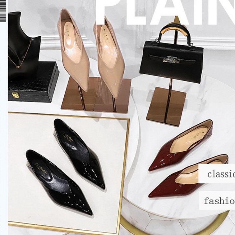 Mode Damen 1cm Niedrige Absätze Arbeit flache Schuhe Damen Lackleder Spitze Niedrige Absätze Dame Prägnant Büro Täglich zum Hineinschlüpfen Flache Schuhe