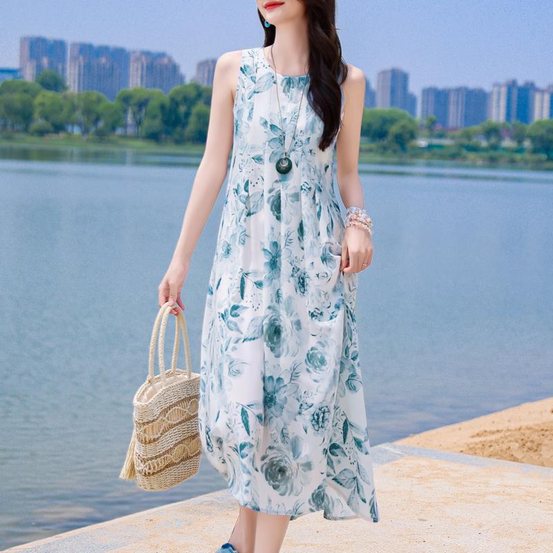 Elegant Sleeveless Beach Dresses For Woman Plus Size Casual Loose Vintage Print Long Dress Summer Women's Clothing