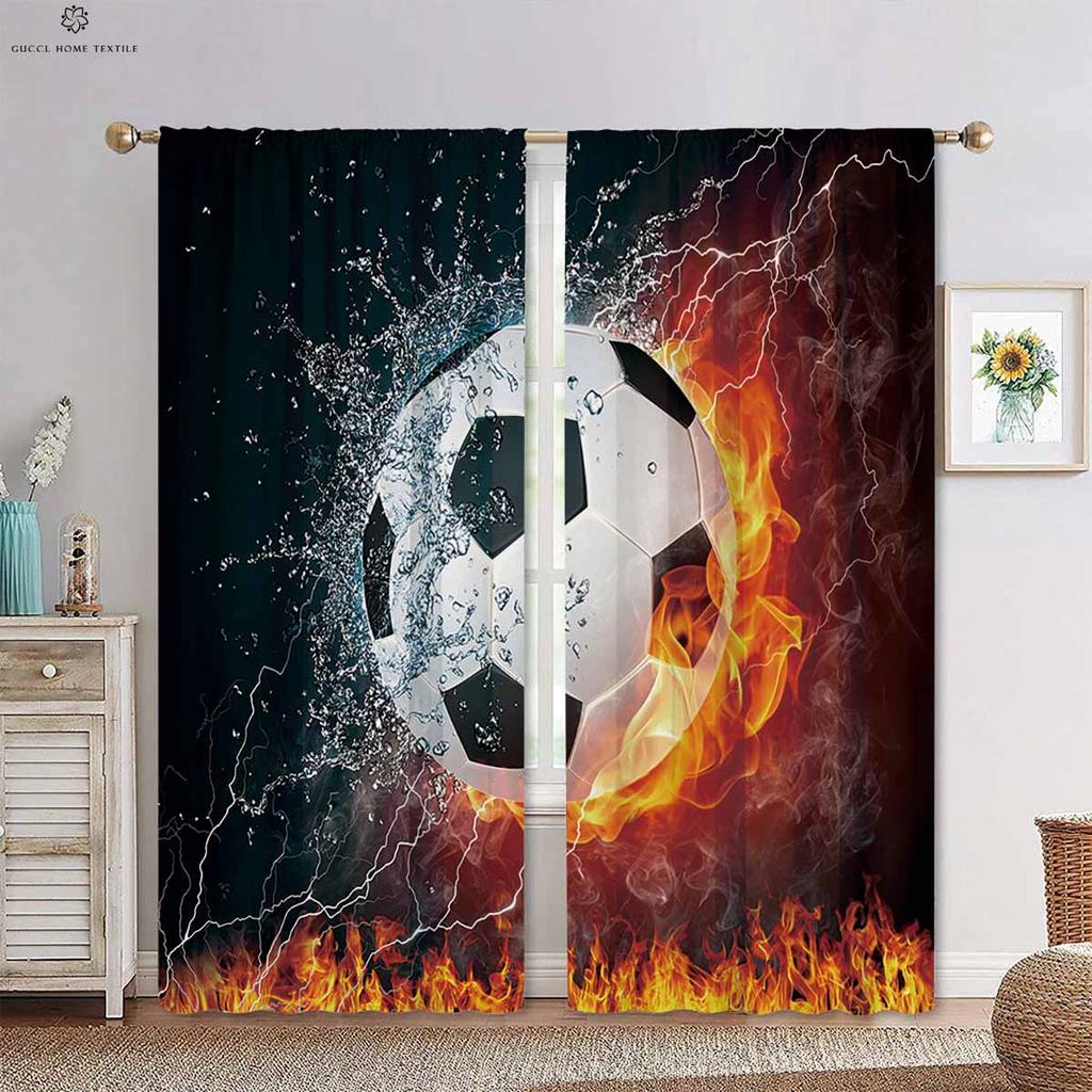 Football Rugby in Wasser und Feuer 3D-gedruckter Stangendurchzugsvorhang Schlafzimmer Wohnzimmer Küche Dekovorhang 2 Stück
