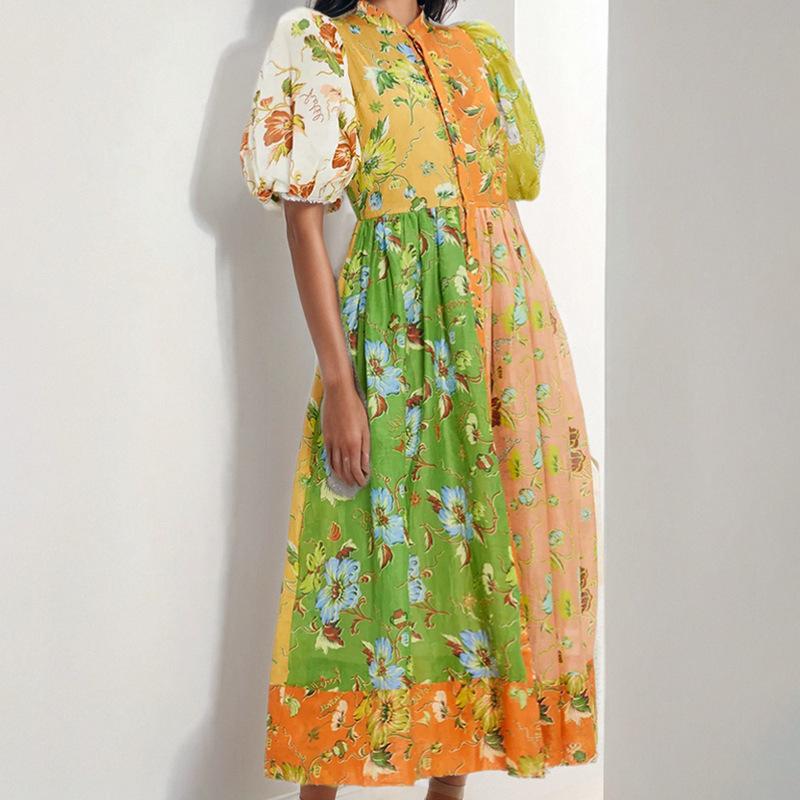 Ladies Summer Fashion Elegant Short Sleeve Floral Printed Bubble Sleeve Dresses