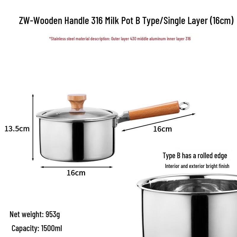 ZISIZ Stainless Steel Milk Pot with Wooden Handle