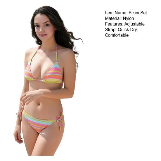 Women's Striped Triangle Top & Thong Set Sexy Halter Bikini Set String Swimwear Two Piece Swimsuits Cheeky Bathing Suit for Pool Beach