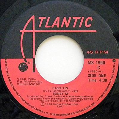 Disco de 7 pulgadas BONEY M.  Rasputin MS1990 Atlantic 1978 Canadá SoulFunk Usado