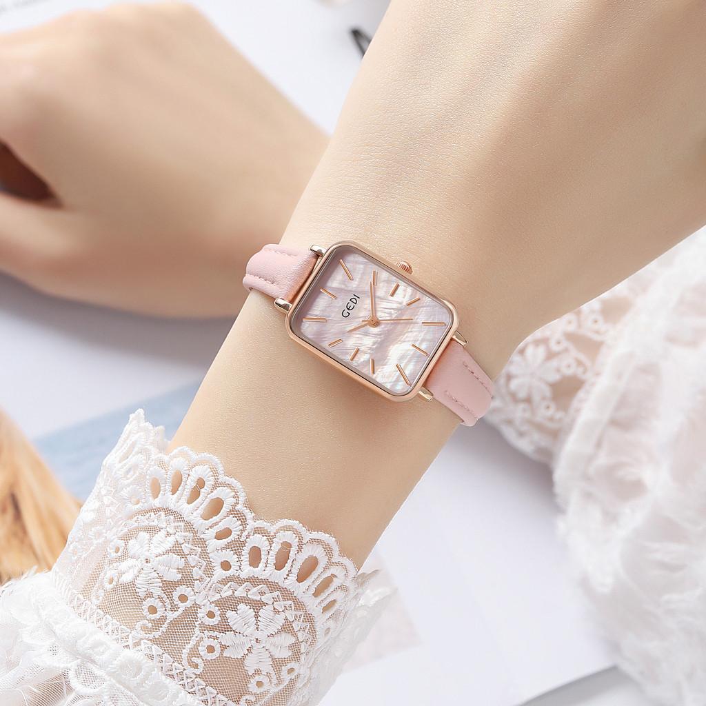 Womens Minimalist Square Quartz Watch With Leather Strap For Casual Office Wear