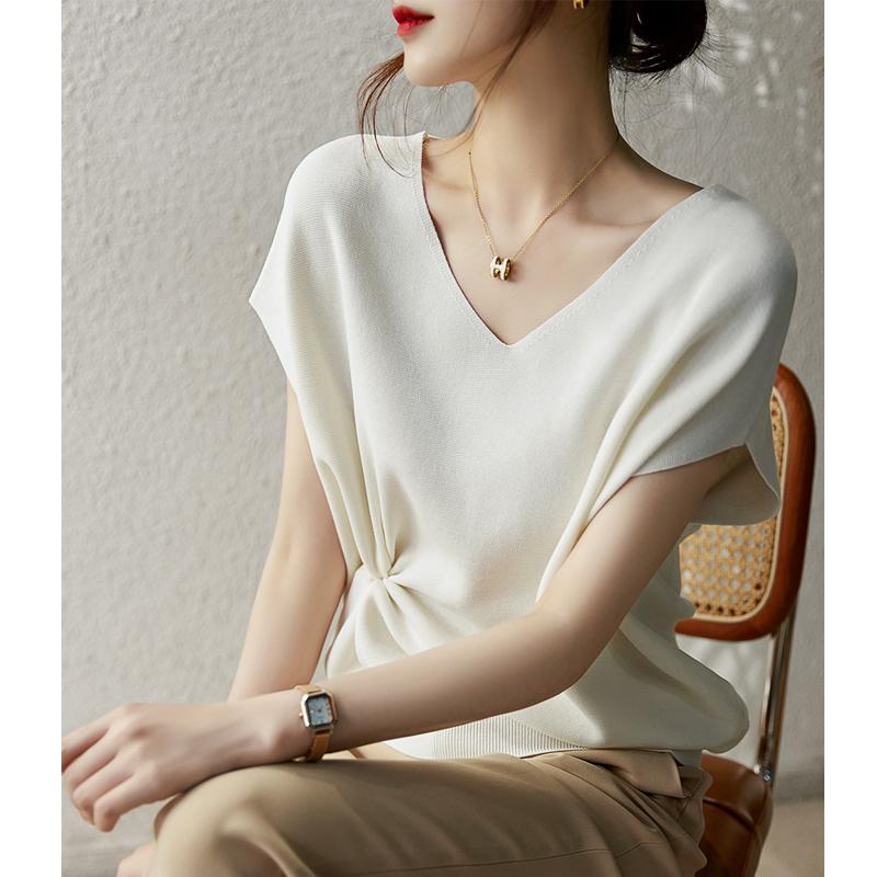 Summer New Thin Fashion Bat Sleeve Casual Loose Knitted Shirt Women Solid Elegant Ice Silk Blouse Women Simple Slim Office Ladies Shirts Tops 26633
