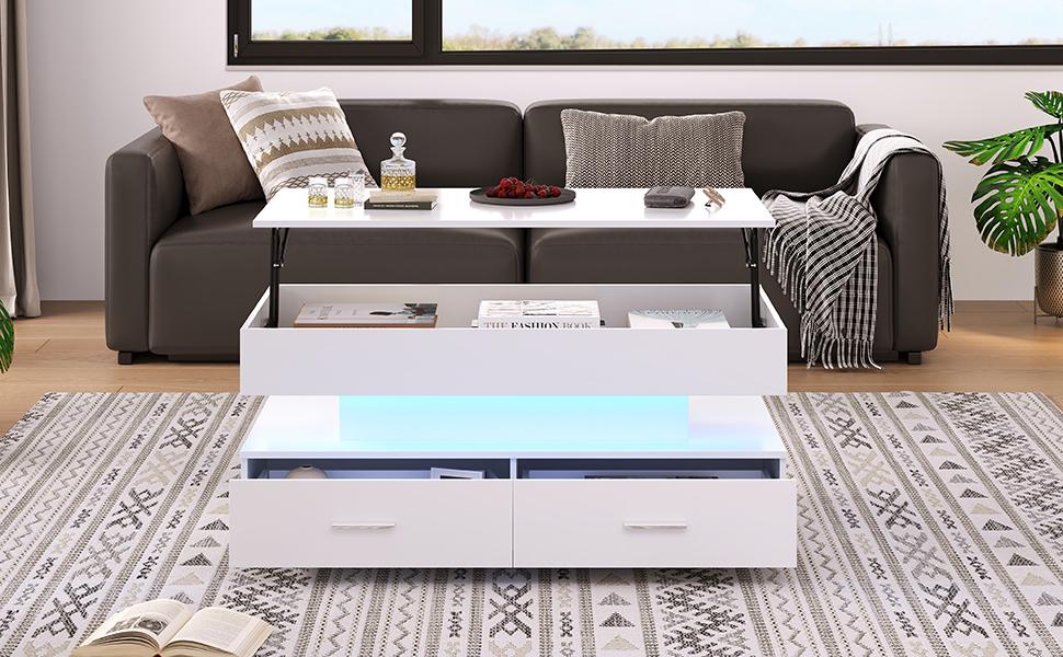 100*50*44cm Hydraulic Height-Adjustable Coffee Table, with LED Lighting, Bluetooth App Control, 2 Drawers and Open Storage, White Liftable
