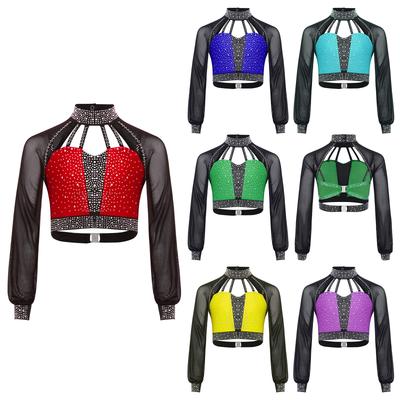 Flickor Dansuppträdande Topp Mock Neck Långärmad Genomskinlig Mesh Utskuren Rygg Axelbandsförsedd Strass Crop Top