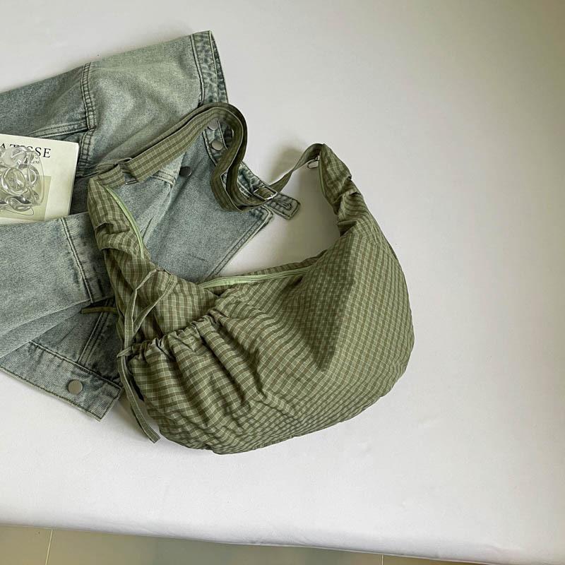 

Korean ins Lazy Wind Croissant Bag Large Capacity Canvas Bag Folded Plaid Nylon Bag Commuter Shoulder Crossbody Bag зелёный