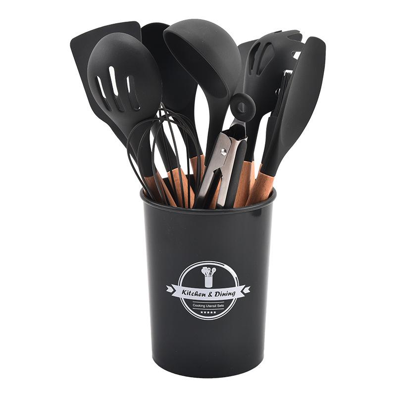 

12-Piece Silicone Kitchen Utensil Set with Wooden Handles and Storage Dark Gray