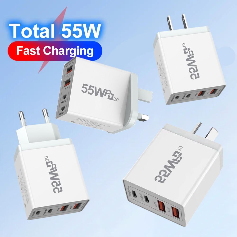 55W GaN USB Charger Fast Charging EU/US/UK/AU Plug Phone Charge Adapter For iPhone Xiaomi Samsung QC 3.0 Type C PD Wall Charger