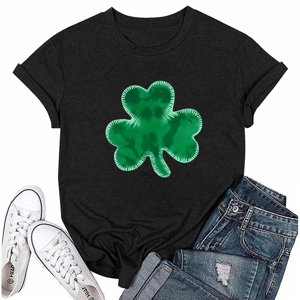 St. Patrick's Adult Green Crew-neck Short-sleeved Printed Green Three-leaf T-shirt