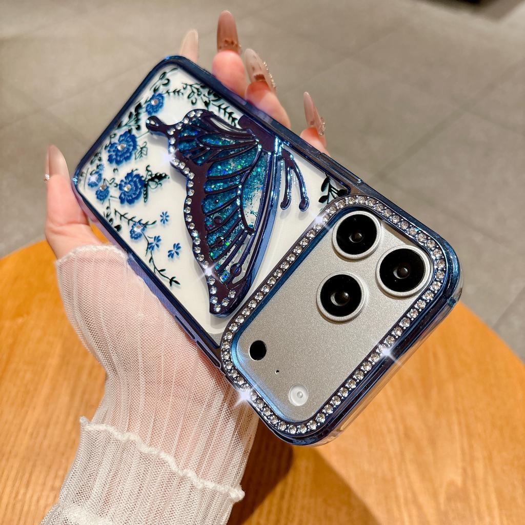 Glitter Diamond Flower Butterfly Case for For Iphone 16 1 14 13 17 Pro Max Air Plus 12 Plating Bling Rhinestone Phone Cover