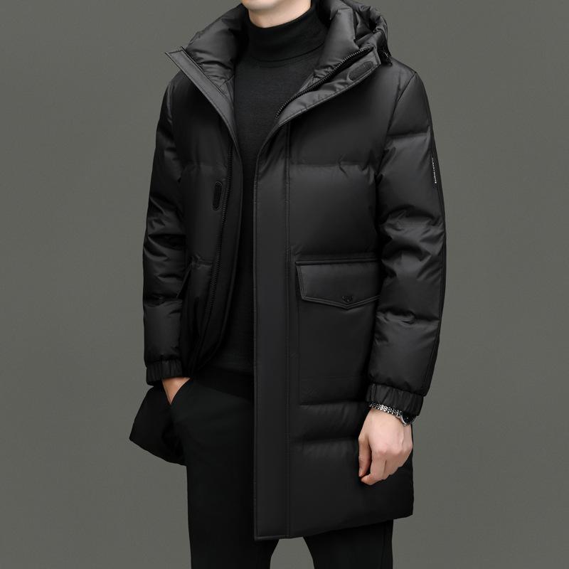 Men'S High-End 90 White Duck Down Medium And Long Hooded Down Jacket Winter Matte Matte Fabric Long Version